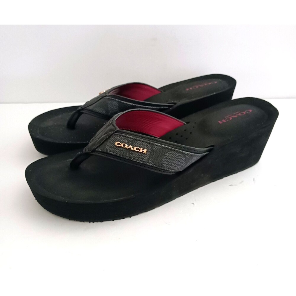 Coach Jolene Blk Thong Platform Wedge Sandal Gold Logo 8M